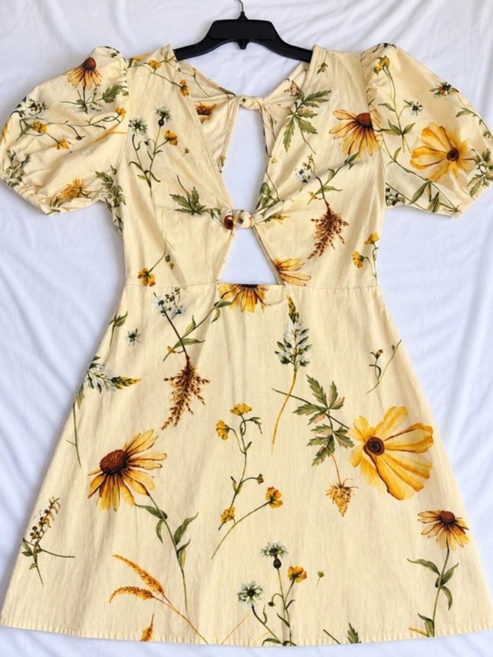 H&M Linen Blend Floral Puff Sleeve Front Knot Cutout Open Back Mini Dress Medium